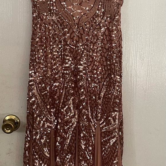 Rose Gold Sequined Mesh Gown - Picture 3 of 5
